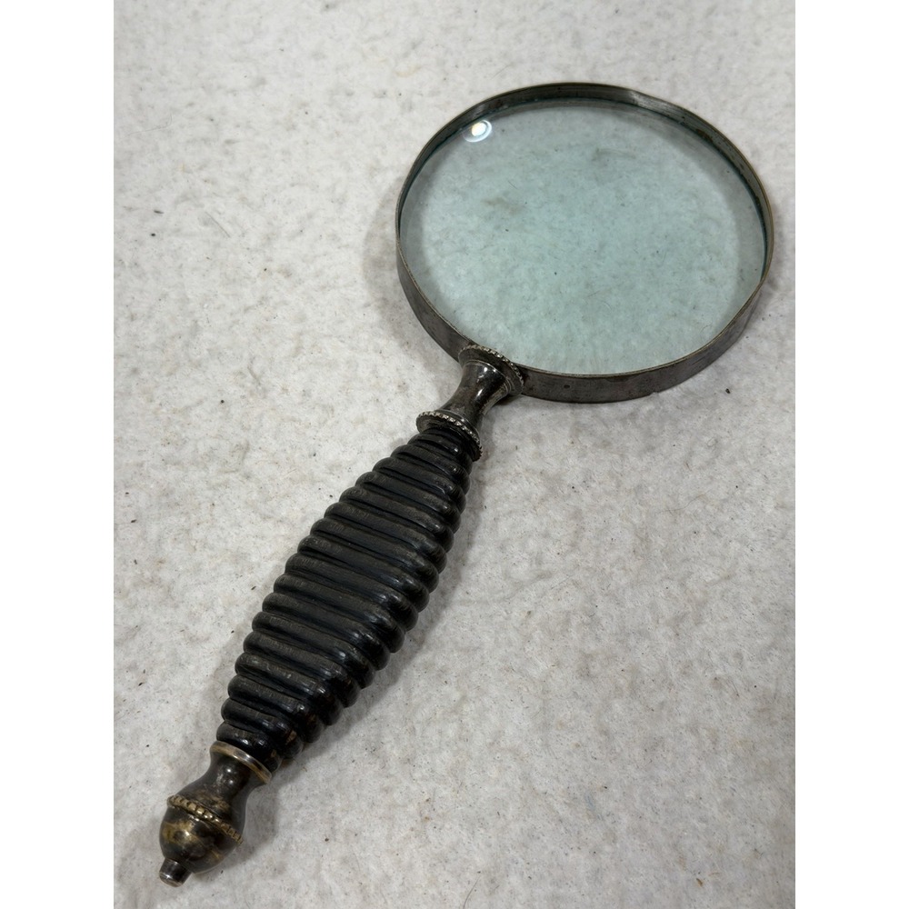 Vintage 10 Inch Magnifying Glass Ribbed Handle Metal Frame Library Desk Decor